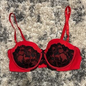Simply Styled Red Bra with Black Lace Overlay
